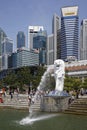 The Merlion fountain in Singapore. Merlion is a imaginary creature with the head of a lion,seen as a symbol of Singapore