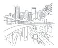 City sketch. Building architecture landscape panorama. Skyscrapers view. Street, road. Highway, transport. Hand drawn