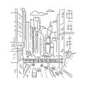 City sketch. Building architecture landscape panorama. Street, road skyscrapers view. Highway, transport. Hand drawn