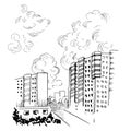 City sketch. Fragment of cityscape, high-rise residential buildings, sky and clouds. Hand drawn scape in sketch style.