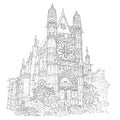 City sketching of gothic cathedral. France, Vernon. Line art silhouette isolated on white. Tourism concept. Sketch style