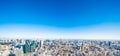 City skyline aerial view in tokyo, japan with miniature lens tilt shift blur effect