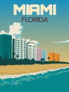 City Skyline And Beach In Miami Florida Illustration Vintage Style Concept For Travel Poster