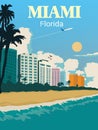 City Skyline ,beach , Sand And Sun In Miami Florida Illustration Vintage Style Concept For Travel Poster