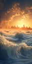 Photorealistic Renaissance Photography Of Stormy Sea Waves Over New York City Royalty Free Stock Photo
