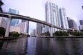 City Skyline of Brickell and Downtown Miami with the Metro Mover Rail Bridge over the River Royalty Free Stock Photo