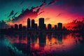 a city skyline with a colorful sky and water reflecting it\'s reflection in the water at sunset or sunset Royalty Free Stock Photo