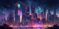 city skyline cyberpunk neon on dark background. generative ai AIG32
