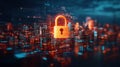City Skyline with Data Points and Lock Visualization Royalty Free Stock Photo