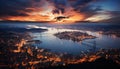 City skyline at dusk, reflecting in water, illuminated by sunset generated by AI Royalty Free Stock Photo