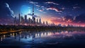 City skyline at dusk reflects in the waterfront, a modern marvel generated by AI