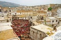 City skyline and dye pots at one of the tanneries in the ancient Royalty Free Stock Photo