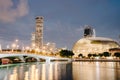 City skyline with Esplanade theatre and bridge with Singapore river embankment at night in Marina bay, Singapore Royalty Free Stock Photo