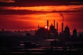 A city skyline with factories and smokestacks silhouetted against a blood-red sunset