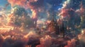 The city skyline is a fantastical clash of futuristic glass structures and oldworld charm. The colorful clouds above