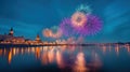 A city skyline with fireworks over the water at night, AI Royalty Free Stock Photo