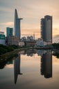 City Skyline of Ho Chi Minh cityscape at Sunset, Bitexco Tower in the financial area riverside. Saigon, Vietnam, vertical Royalty Free Stock Photo