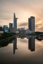 City Skyline of Ho Chi Minh cityscape at Sunset, Bitexco Tower in the financial area riverside. Saigon, Vietnam, vertical Royalty Free Stock Photo