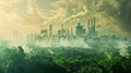 A city skyline with large billowing smoke stacks juxtaposed with a clean and green environment surrounding it. This
