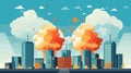 City skyline with large explosion clouds, fire and smoke over buildings. Urban catastrophe and disaster scene. Emergency