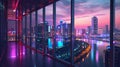 A city skyline lit up at night from a window in an office building, AI Royalty Free Stock Photo