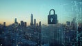 City skyline made of data points with a massive lock. Cyber security. By generative Ai