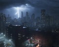 The city skyline at night illuminated by the light of a dramatic thunderstorm. Royalty Free Stock Photo