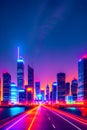 A city skyline at night with neon lights illuminating the streets and buildings generated by ai Royalty Free Stock Photo