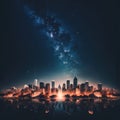 City skyline at night with starry background and glowing sunrise, digital illustration Royalty Free Stock Photo