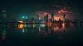 City skyline during night time with reflection on the water. Busy night life