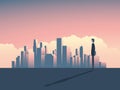 City skyline panorama illustration with businessman watching. High skyscrapers in the background.