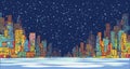 City skyline panorama, winter snow landscape at night, hand drawn cityscape, vector drawing architecture illustration