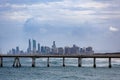 City skyline on a pier.