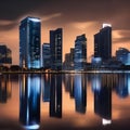 City skyline reflected in the water, night scene with illuminated buildings, urban landscape5