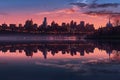 city skyline reflection on calm river during twilight hours