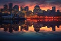 city skyline reflection on calm river during twilight hours