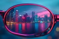 City skyline reflection in stylish sunglasses at sunset Royalty Free Stock Photo