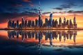 a city skyline with a reflection of a sunset Royalty Free Stock Photo