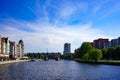 The city skyline, the river Pregolya and the sights of the city on the background of blue sky.