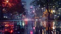 The city skyline shimmers in the distance a reflection of the city lights on the wet streets below. The calmness of the