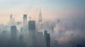 A city skyline shrouded in a thick veil of gray smoke obscuring the tall buildings and landmarks Royalty Free Stock Photo