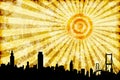 City Skyline Silhouette with Burning Sun Royalty Free Stock Photo