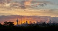 City skyline with sun flare.