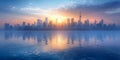 City skyline with sun setting over water Royalty Free Stock Photo