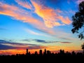 City skyline at sunset