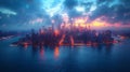 City skyline at sunset reflected in water, under a cloudfilled sky Royalty Free Stock Photo