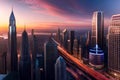 city skyline at sunset, city, tall buildings