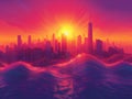 City Skyline at Sunset with Vibrant Purple and Pink Sky and Sea