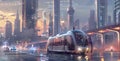 A city skyline with towering skysers in the background. In the foreground an electric selfdriving bus is pulling up to a