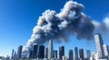 City Skyline Under Smoke Plume A large plume of smoke rises over a city skyline creating a dramatic and ominous scene Royalty Free Stock Photo